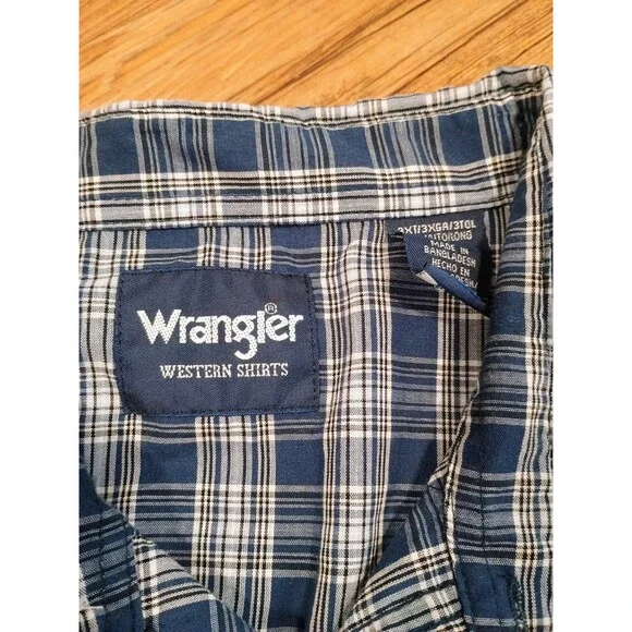 Wrangler Western Shirt Mens 3X Tall Pearl Snap Button Blue Plaid Long Sleeve - Picture 3 of 6